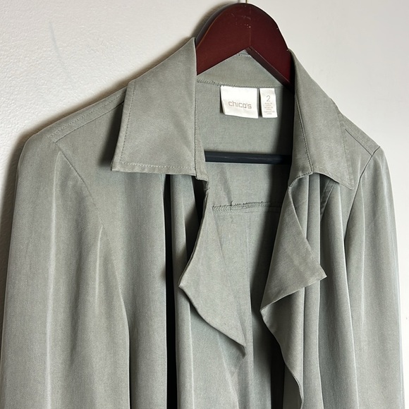 Chicos Ruffle Open Front Waterfall Duster Olive Green Jacket Chico’s Sz 2 Large - Picture 5 of 14